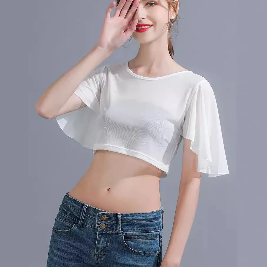 夏季新款百搭上衣内搭网纱打底衫T恤 圆领半截恤蝴蝶短袖瑜伽罩衫