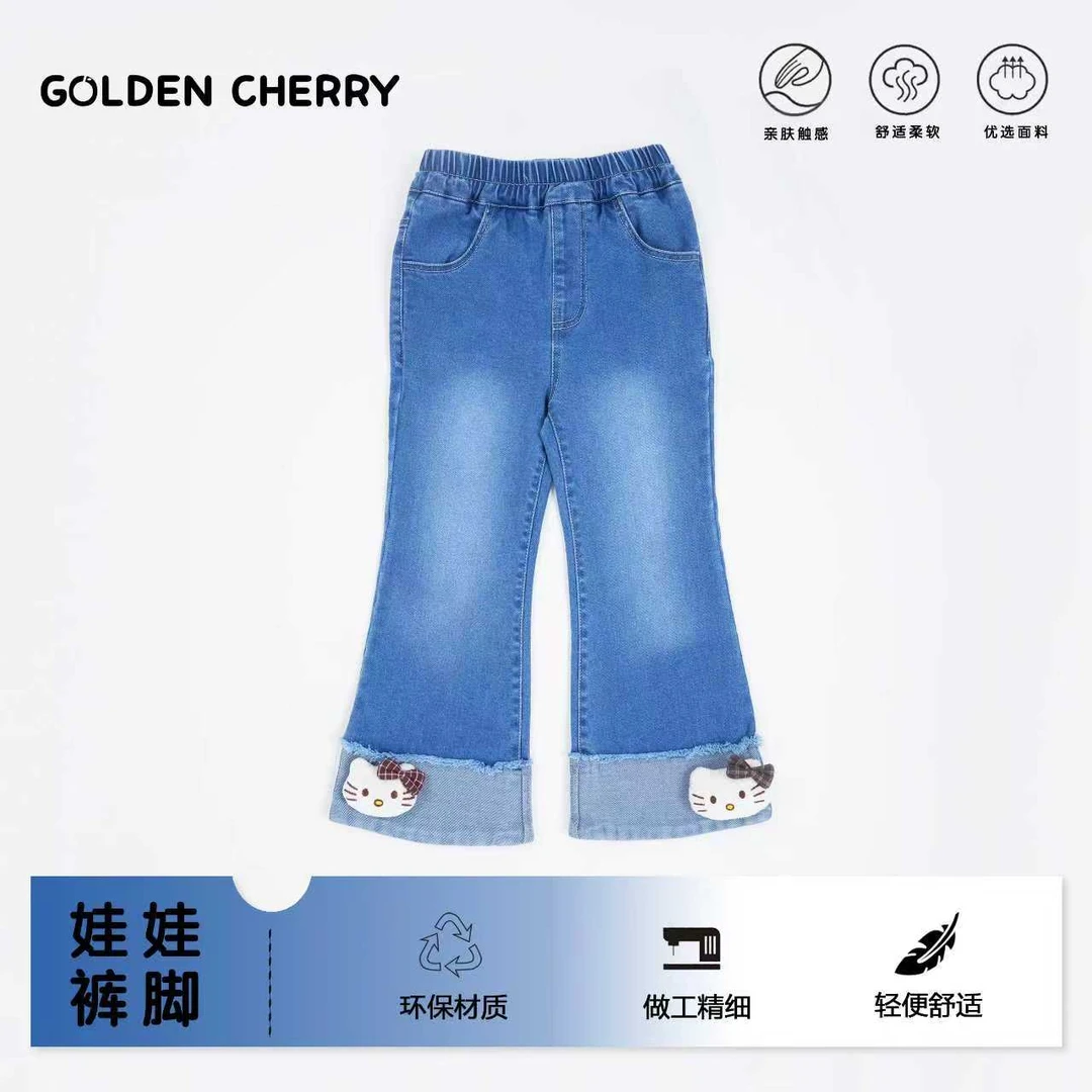 y【金樱桃】小童蓝色kitty卷边牛仔裤285503