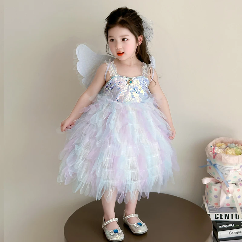 女童夏季无袖亮片蛋糕裙2025新款夏装连衣裙女小童公主网纱裙子