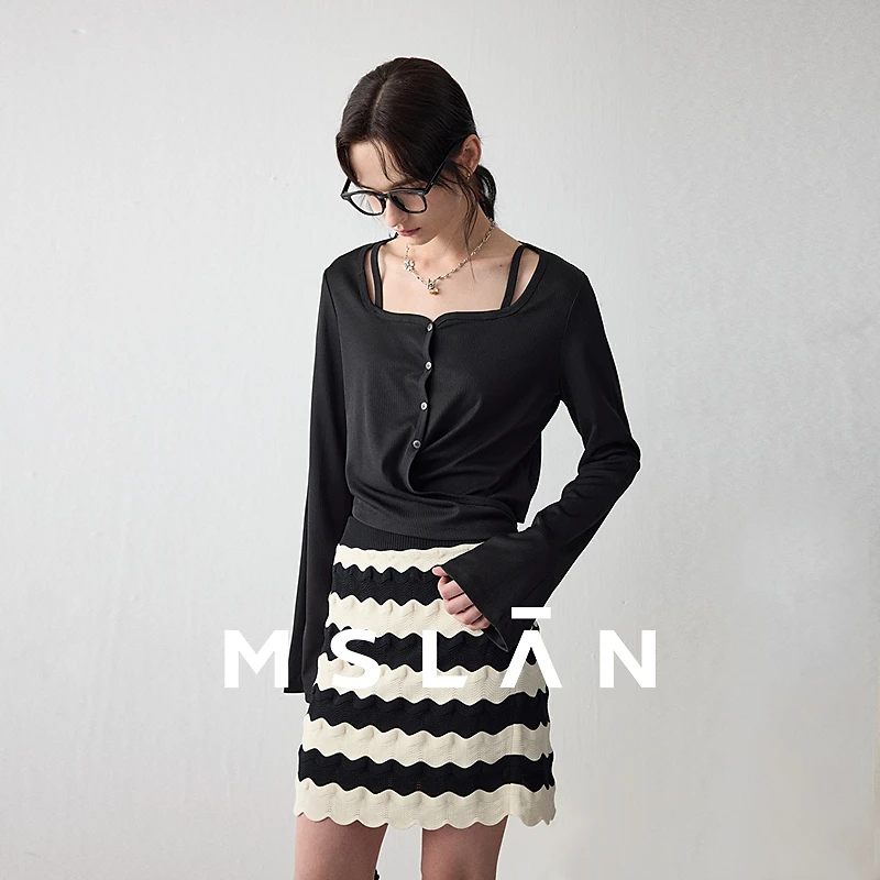 MSLAN【走秀同款】慵懒风肌理感方领绑带上衣截短假两件套衫MGAN423