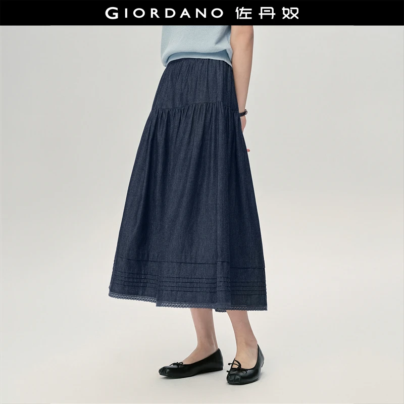 佐丹奴裙子女装蕾丝花边半松紧腰薄牛仔半身长裙18465219