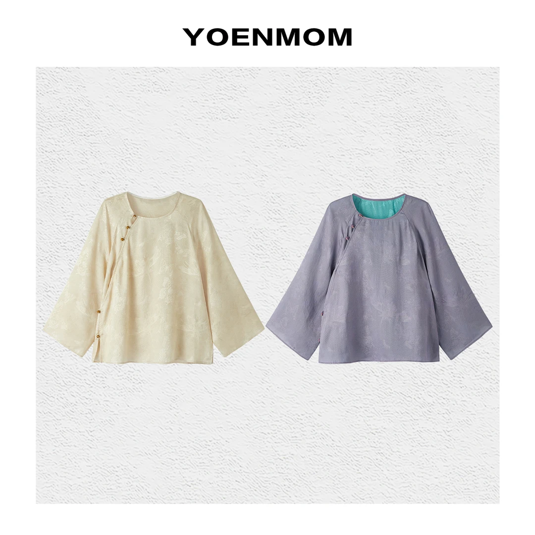 YOENMOM·蝴蝶自来·春夏新品 100桑蚕丝花罗暗纹提花国风圆领衬衫