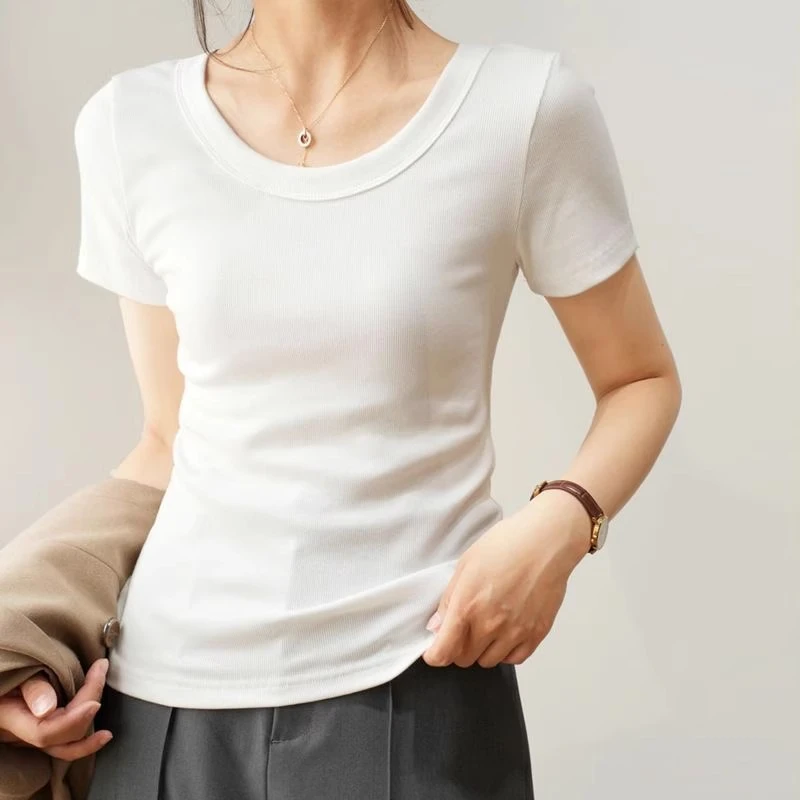 白色螺纹弹力短袖t恤女2025新款纯色圆领修身显瘦百搭打底衫上衣