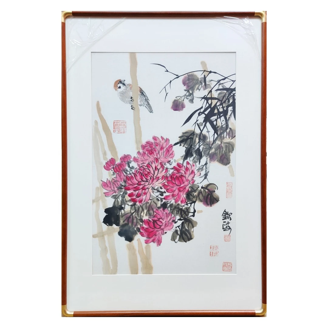 红菊花-带框-赵钦政 国画 写意花鸟画家居挂画水墨画 纯手绘