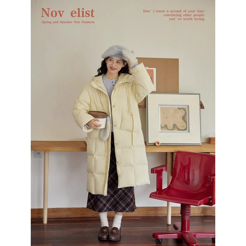 Nov elist什一 抽绳连帽羽绒服女中长款冬季新款白鸭绒蓬松外套