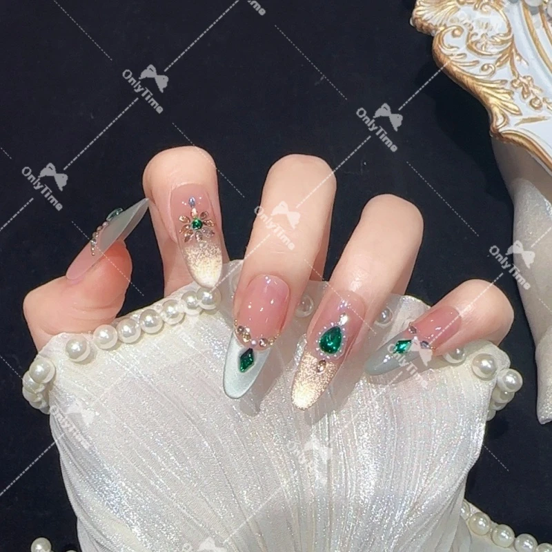 【祖母绿】法式镶钻轻奢设计穿戴甲中长款显白美甲