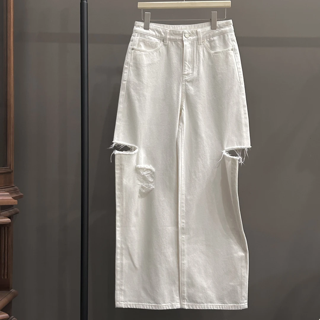 【塔鹿蕾】设计师直筒百搭显瘦新款韩版宽松中腰破洞牛仔裤3180