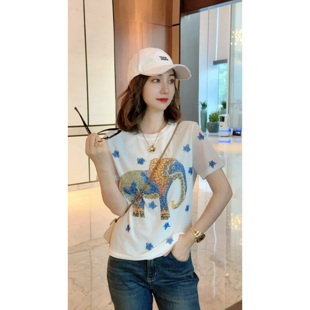 JDND轩羽【花象之旅】夏季网纱T恤上衣皮肤衣 XY241105