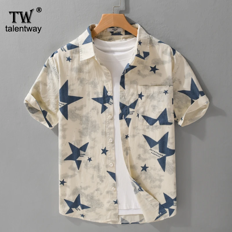 夏季潮流星星印花短袖衬衫男装纯棉宽松休闲日系美式衬衣2025新款