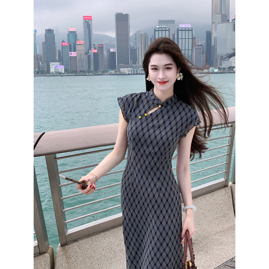 凌茜恣禾【青锁记】国风新中式藏青格纹木耳边连衣裙复古改良旗袍裙
