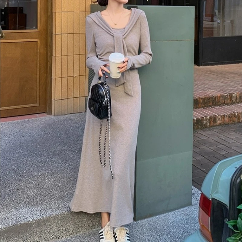 春秋长袖针织连衣裙女气质显瘦休闲修身过膝假两件披肩打底裙秋冬