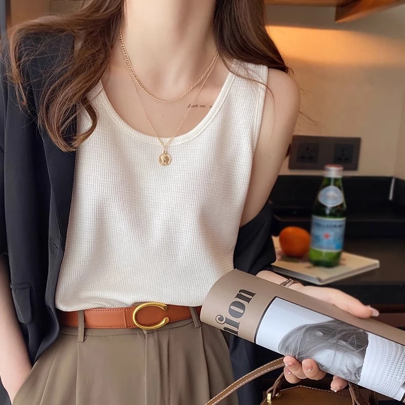 吊带背心女内搭2025新款夏季外穿西装打底白色无袖宽松华夫格上衣