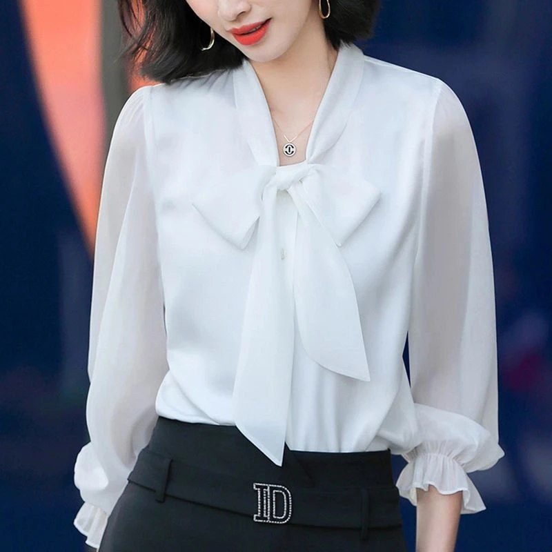 时尚蝴蝶结飘带白色衬衫女2025春秋时尚新款职业气质洋气百搭上衣