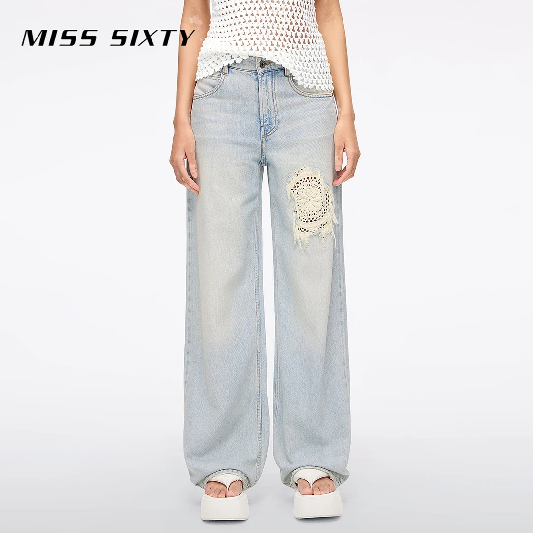 Miss Sixty2025夏季新款牛仔裤女显瘦直筒裤破洞钩花波西米亚风