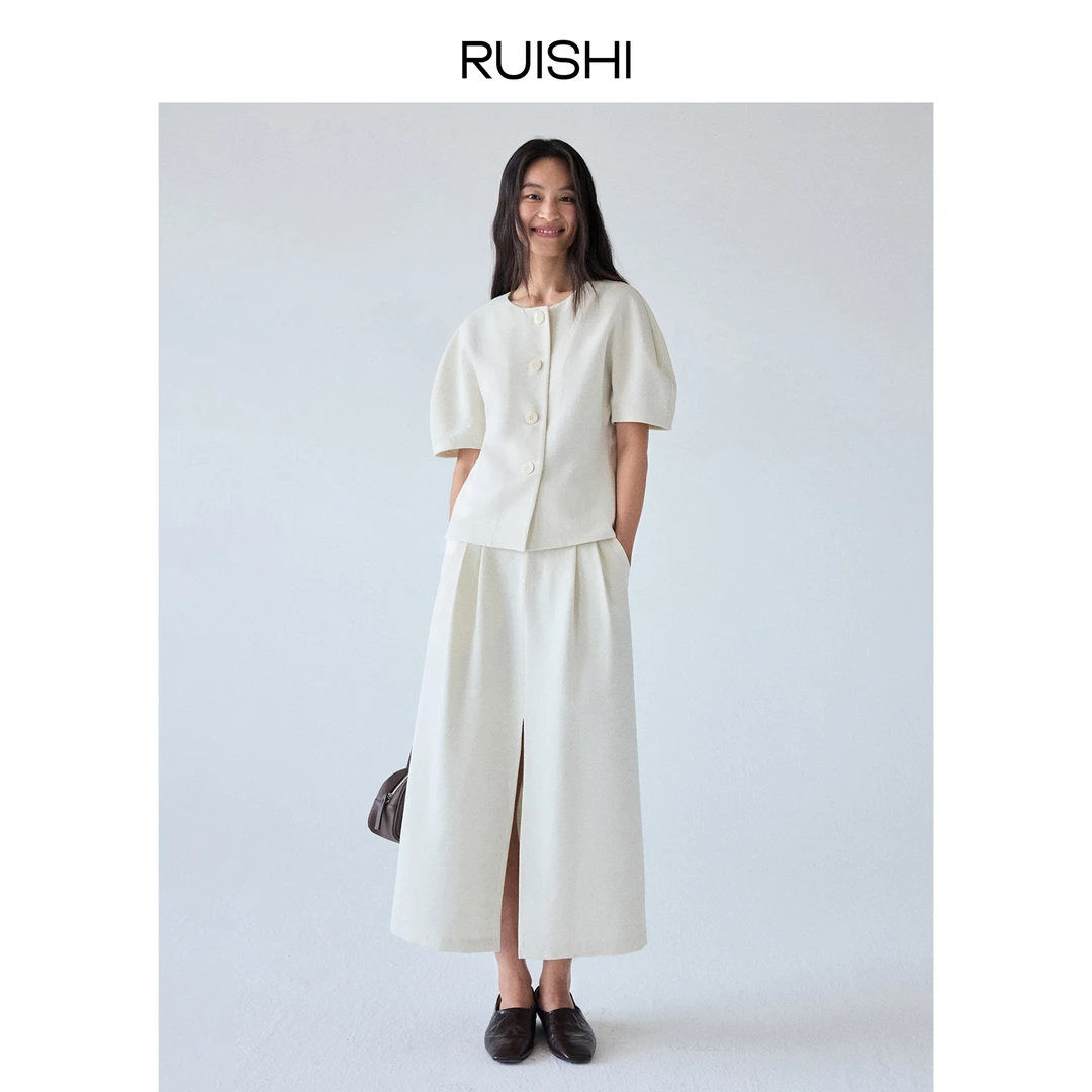 RUISHI芮时 法式优雅浮雕肌理提花上衣开叉花苞半身裙套装女秋