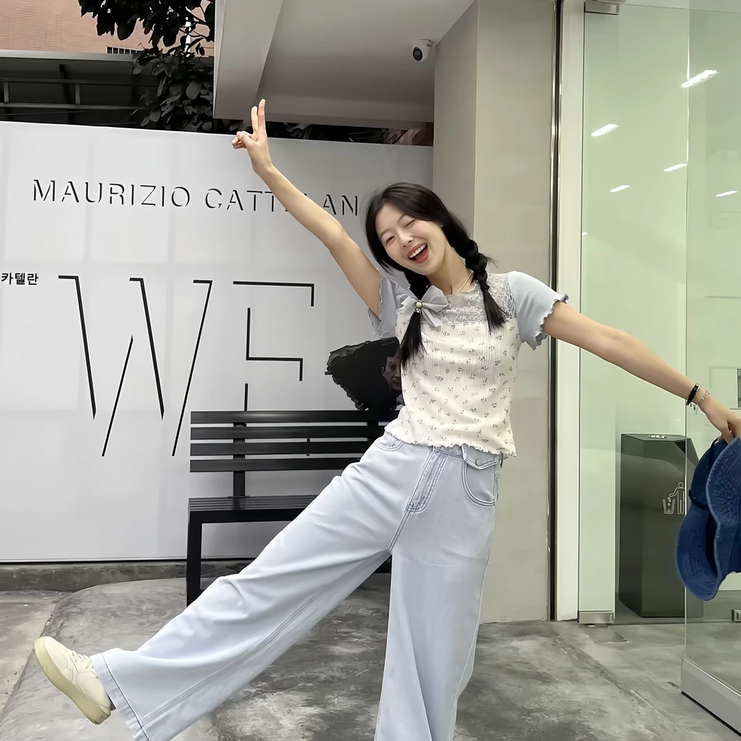 红红【薄荷奶绿】设计感小众碎花拼接修身蕾丝T恤 6092