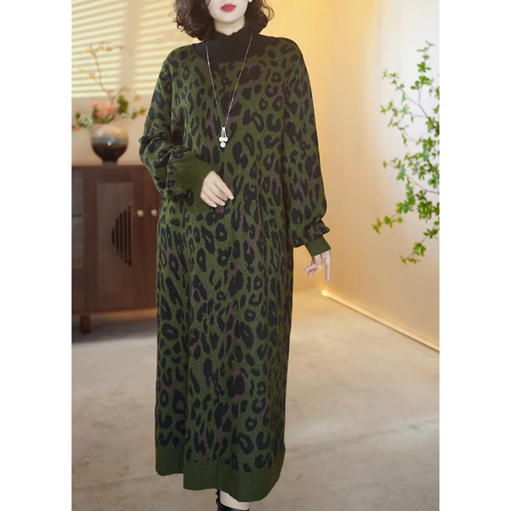 A161绵羊毛连衣裙女秋冬新款宽松显瘦豹纹中年时尚针织羊绒裙子