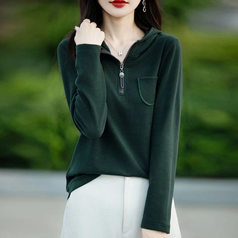 设计感休闲半拉链连帽德绒卫衣女新款正肩磨毛上衣保暖打底衫帽衫