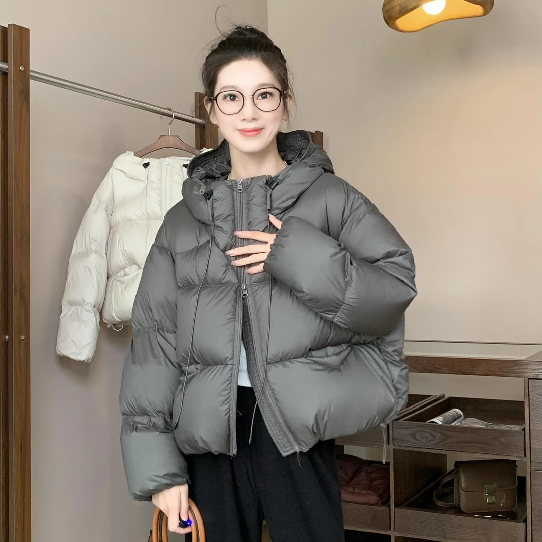 泡芙蓬松连帽羽绒服女2024冬季加厚短款90白鸭绒肯豆面包服外套