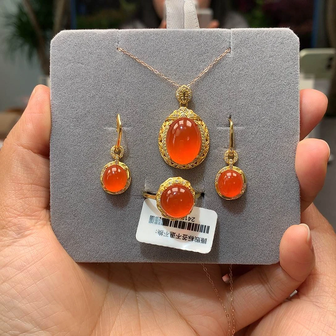 南红玛瑙河湾冰红三件套银S925镶嵌