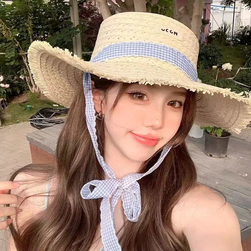 【Muusu】新款草帽海边女夏季平顶遮阳帽显瘦沙滩帽度假百搭帽子