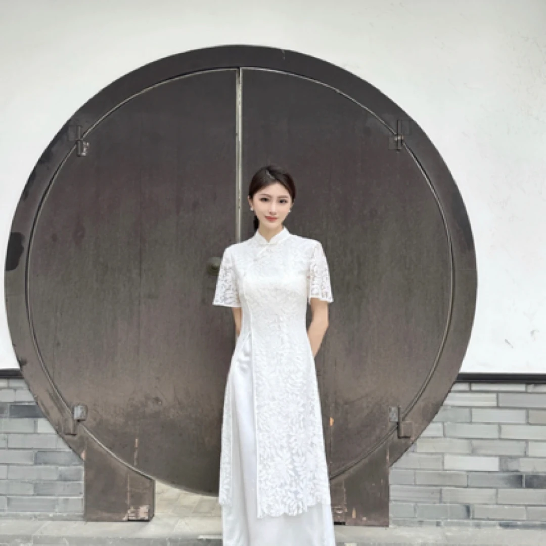 RACHEL 原创新中式蕾丝拼接旗袍气质白色夏季复古国风时尚薄款