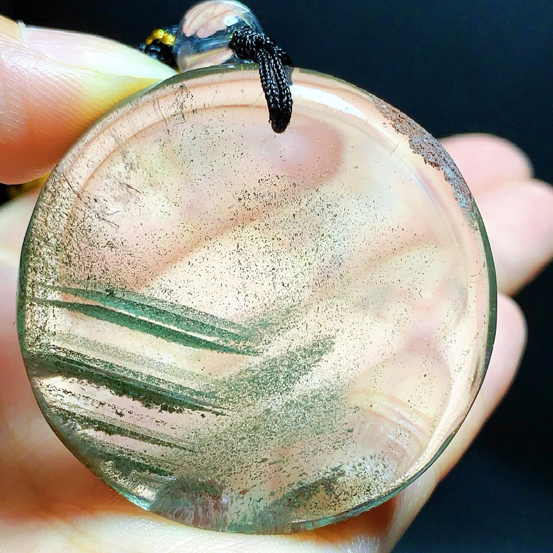 东海水晶天然千层绿幽灵水晶圆牌吊坠毛衣链原石项坠男女聚宝盆