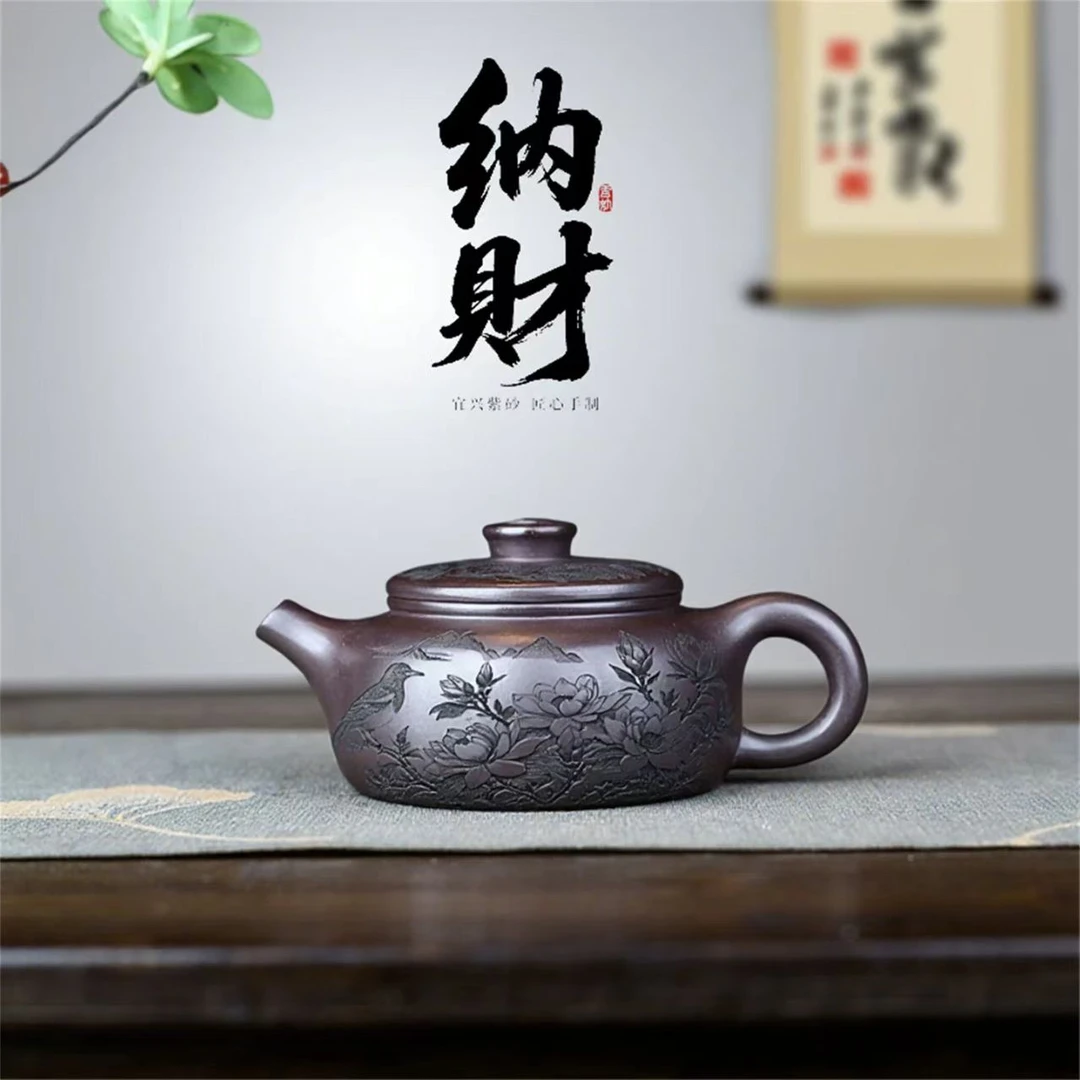 宜兴紫砂壶花开富贵福运扁韵 赤龙血砂 范俊美