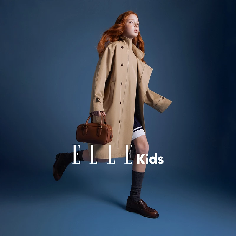 ELLEKIDS女童装时尚走秀款英伦风大口袋刺绣长款风衣春秋款外套Q1