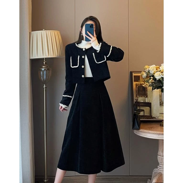 （现货）胖MM法式小香风套装女秋冬装新款赫本风黑色套装裙1403