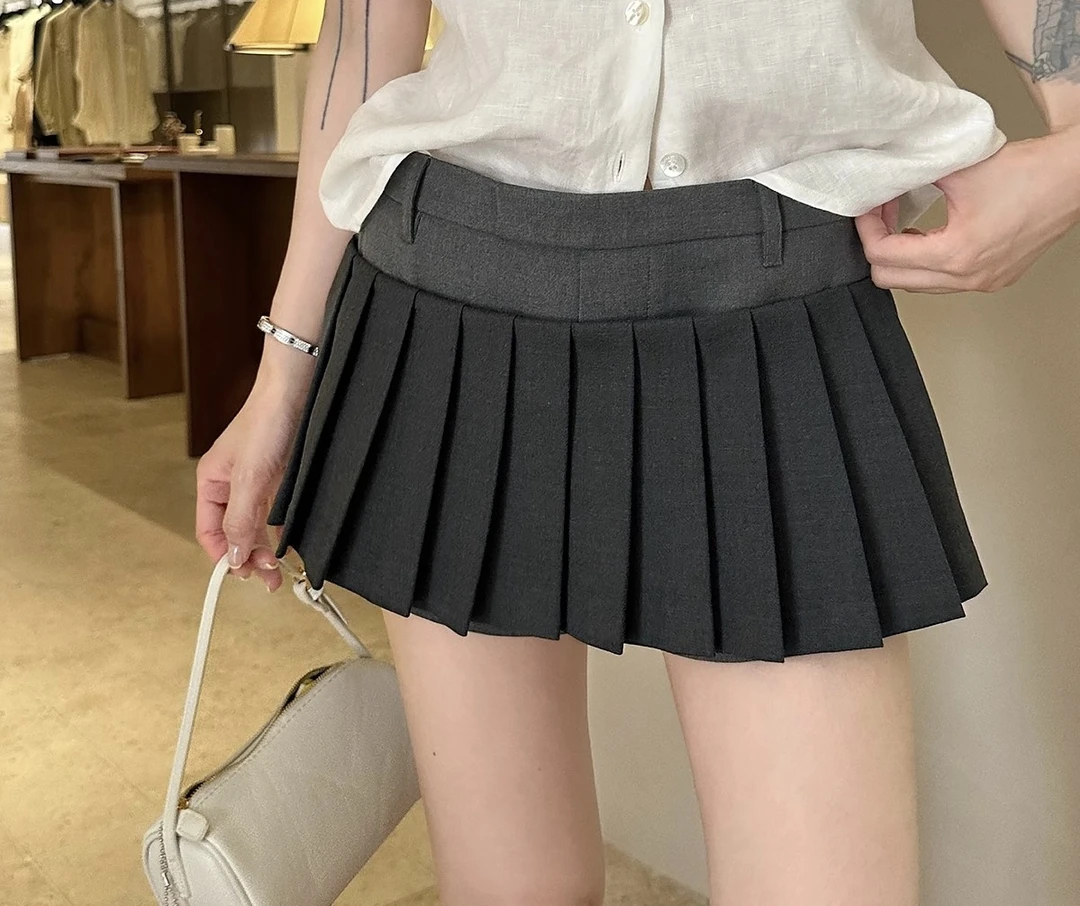 THEISSN宁司 高腰撞色拼接百褶半身裙女夏季休闲百搭短裙 0739