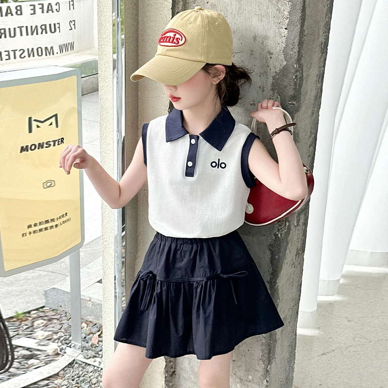 女童套装夏季2025新款中大儿童洋气薄款学院风polo衫短裙两件套潮
