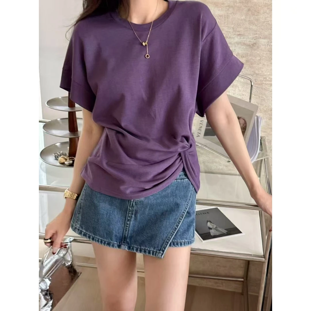 SP 法式不规则亲肤凉感空气棉手工扭结宽边袖口慵懒百搭短袖T恤女