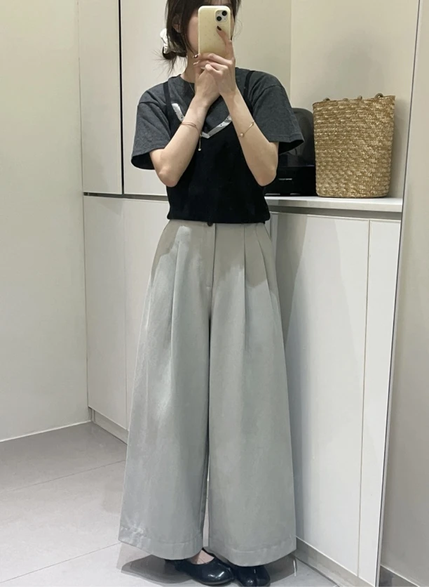 灰灰呀！09960 UN 档口实拍 韩系复古设计感显瘦高腰阔腿休闲裤