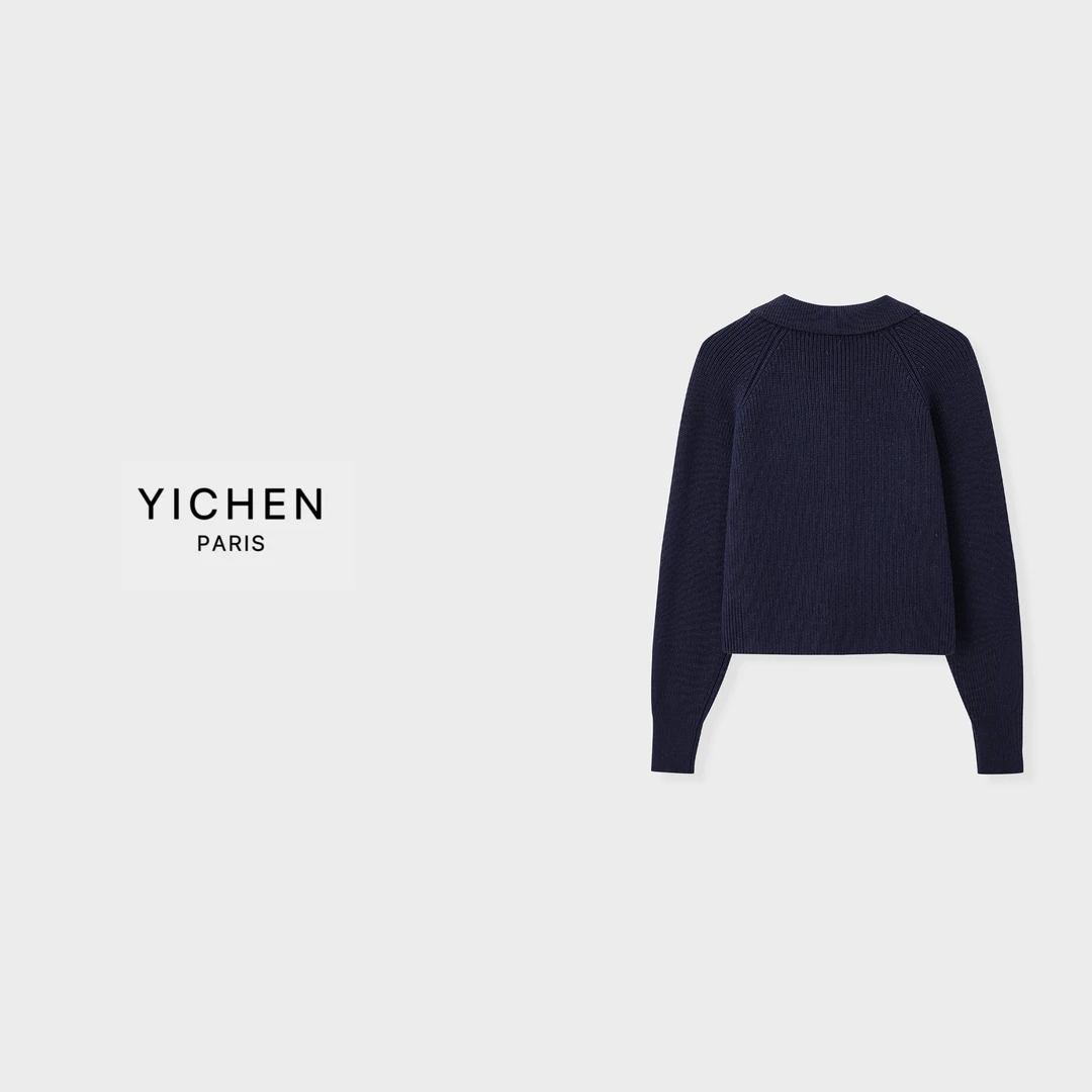 YC 学院风翻领系带装饰徽标针织毛衣-6030