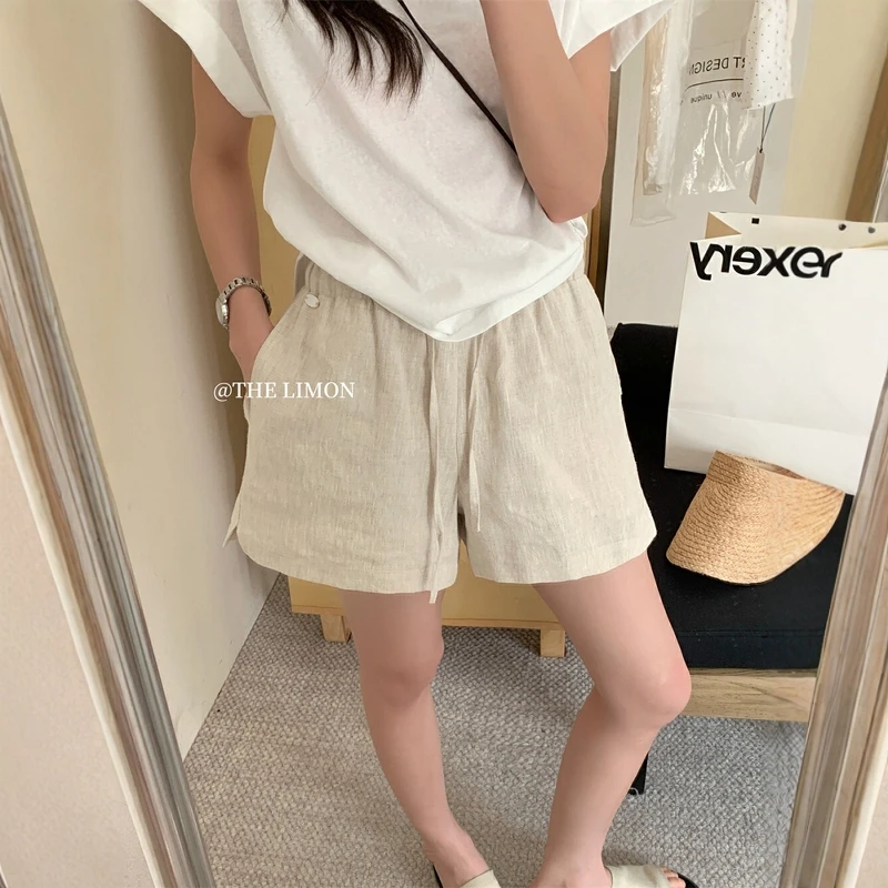 韩系亚麻松紧腰燕麦色短裤女夏简约小个子宽松显瘦a字休闲阔腿裤