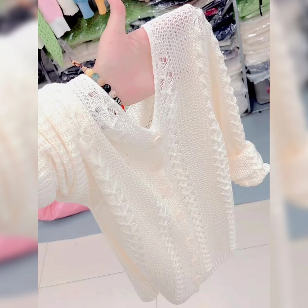 韩系气质镂空V领长袖针织开衫女早秋2025年新款大码胖MM显瘦上衣