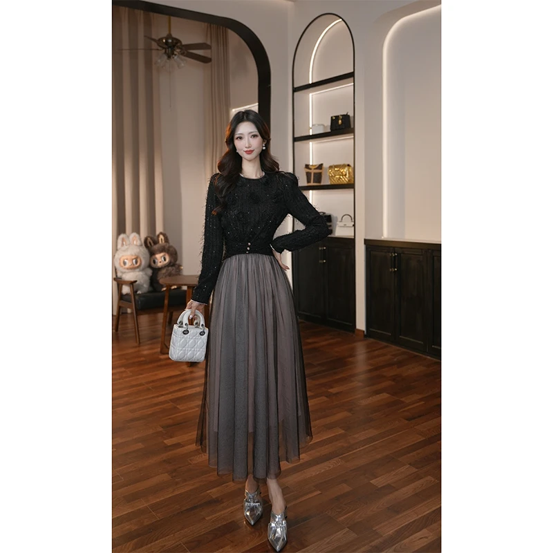 【滋滋定制】秋冬季新款拼接网纱法式高贵拼接显瘦气质连衣裙21981