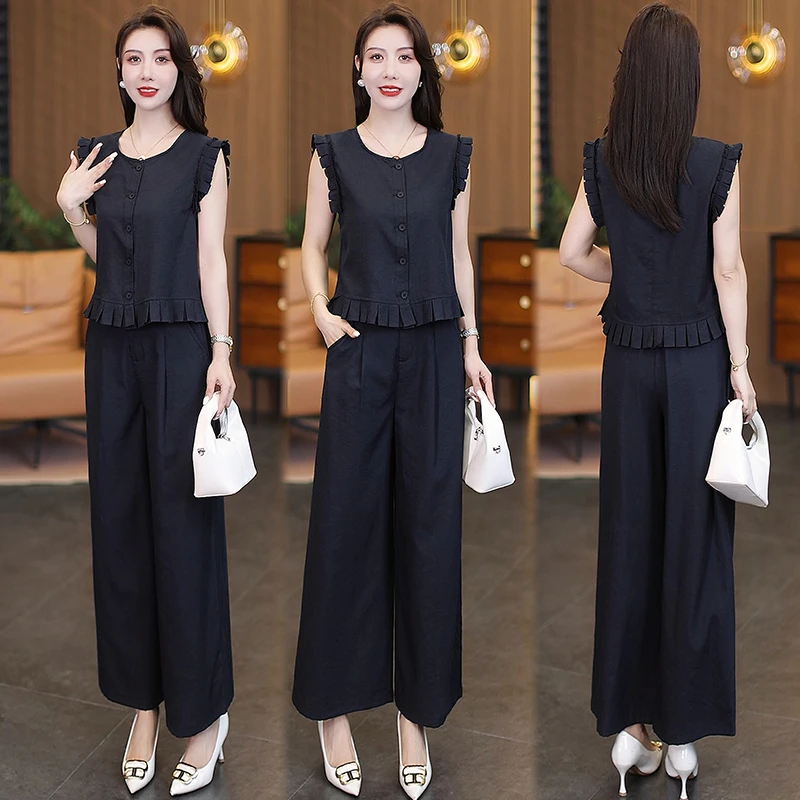 木耳边无袖上衣阔腿裤两件套2025夏季新款时尚洋气显瘦时尚套装