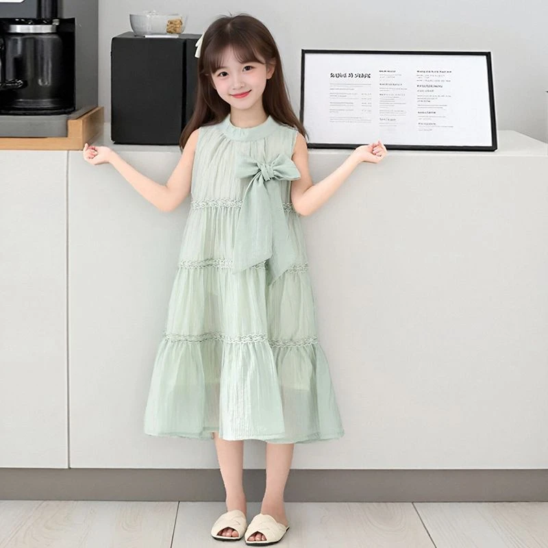 女童连衣裙2025夏季儿童蝴蝶结系带压皱雪纺韩版甜美挂脖连衣裙