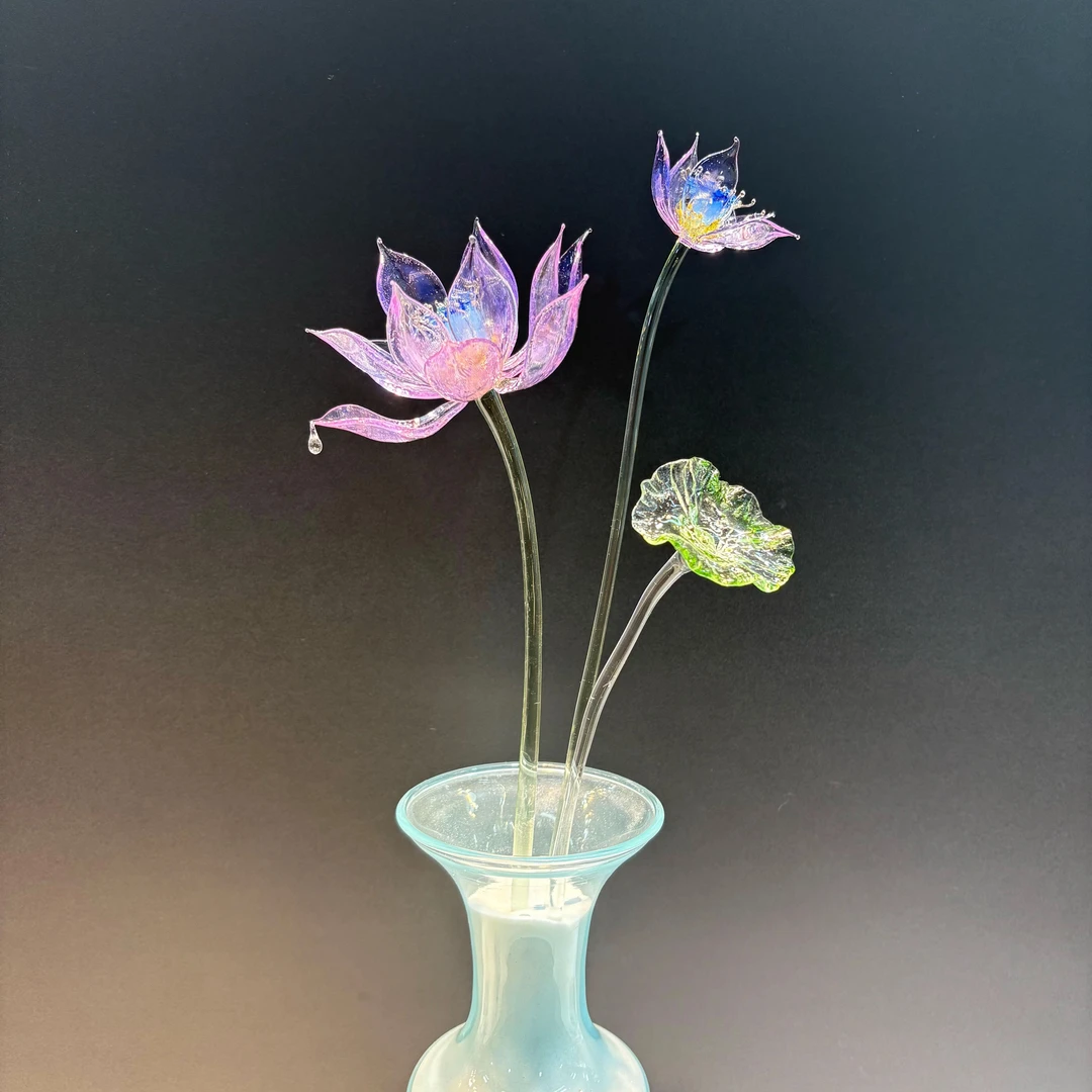 淄博琉璃【炫彩荷花】纯手工高档中式禅意创意书房办公桌面玄关摆件