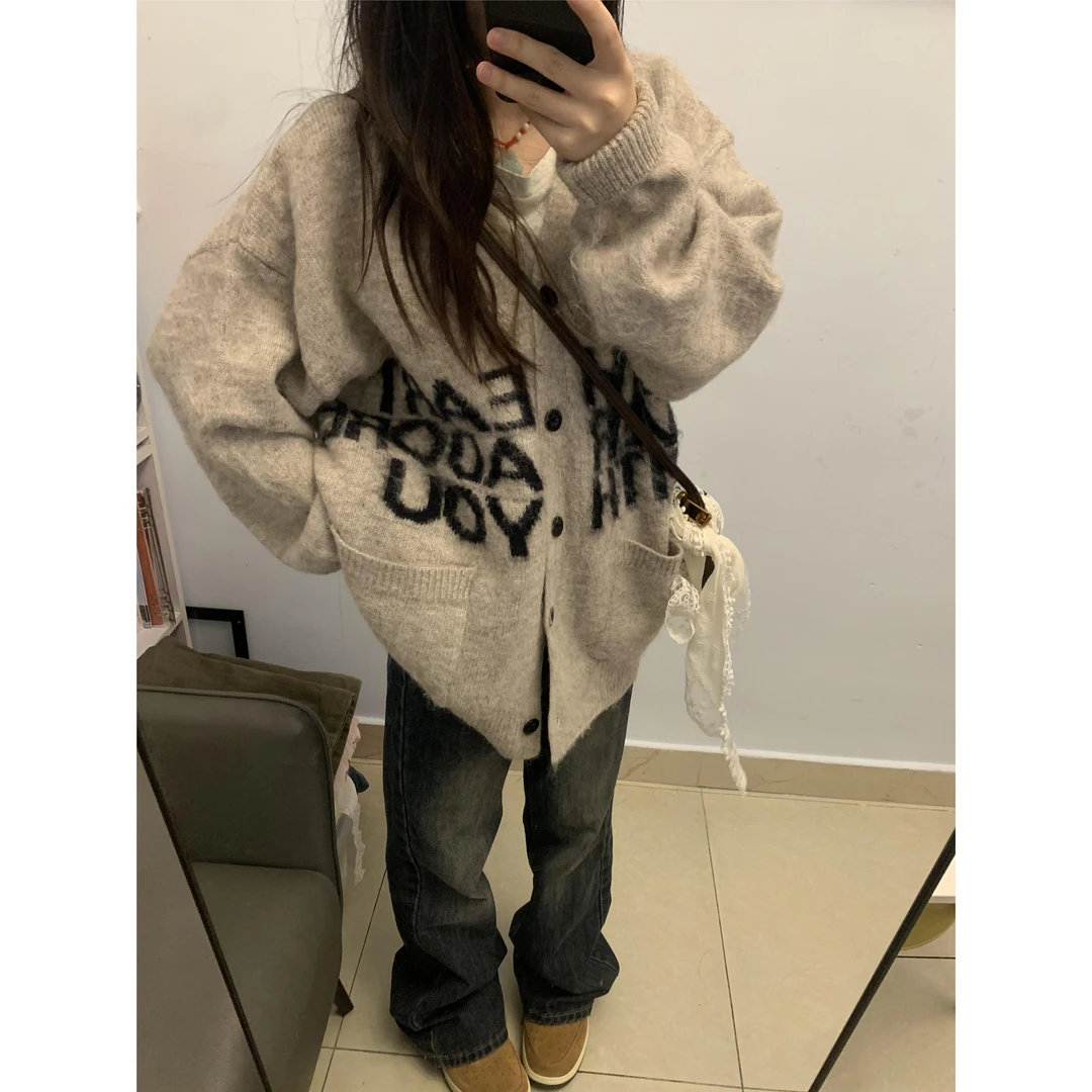 慵懒风软糯毛衣开衫女早秋美式高级感穿搭字母提花宽松针织外套潮