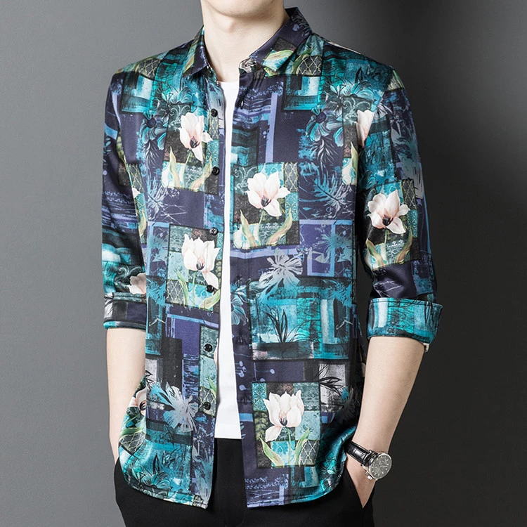 25春夏新款鄂尔多斯市高端桑蚕丝男士高档满印真丝桑蚕丝长袖衬衫