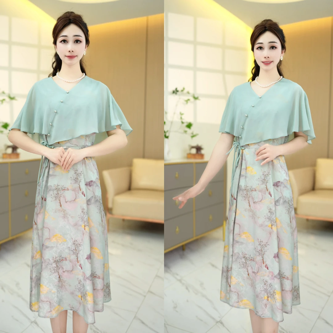 SW15夏季新款时尚修身显瘦短袖气质洋气碎花法式假两件披肩连衣裙