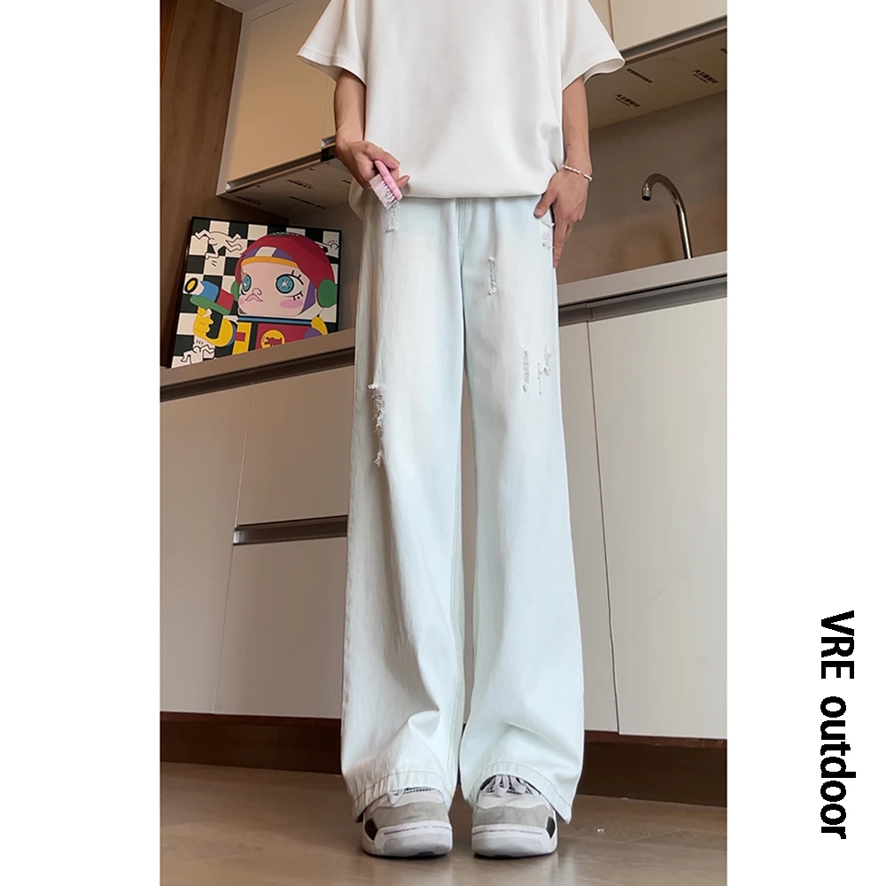 浅蓝色破洞微喇牛仔裤男夏季美式痞帅高级感裤子直筒垂感休闲长裤