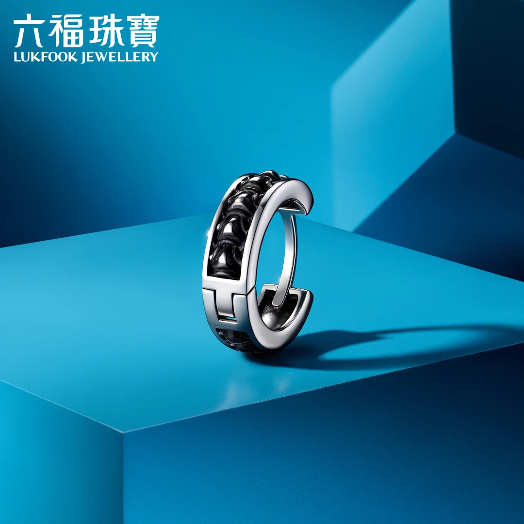 六福珠宝复古盔甲圆环铂金男款耳环单只铂950白金计价001269EA