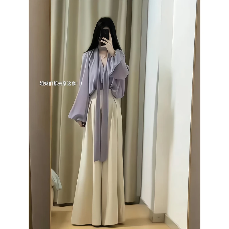 2025韩系V领飘带氛围感长袖衬衫上衣高腰直筒宽松休闲垂感阔腿裤