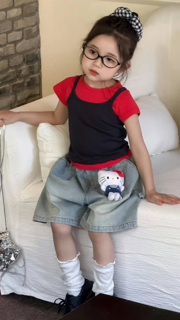 档口正版 女童黑色吊带马甲两件套➕五分牛仔裤韩版套装 儿童服装