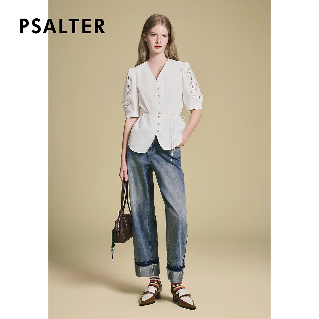 诗篇专选水溶绣几何镂空绣上衣气质V领小衫女衬衫2025夏季新款