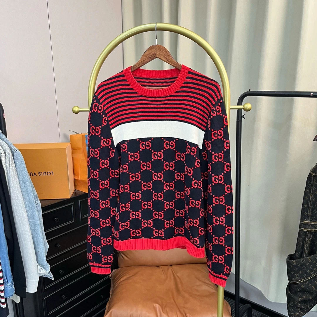 99新 GUCCI/古驰 Gucci 红色条纹满印毛衣 m码 99新